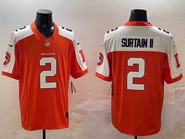 Men's Denver Broncos #2 Patrick Surtain II Orange/White 2024 F.U.S.E. V2 Throwback Vapor Limited Alternate Stitched Football Jersey